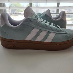 adidas Women's Light Teal Suede Sneakers with White Stripes and Gum Sole